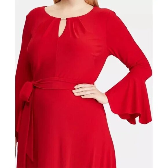 NWT Womens Plus Size 16W Red Ralph Lauren Keyhole Bell-Sleeve Knee-Length Dress - Picture 2 of 6